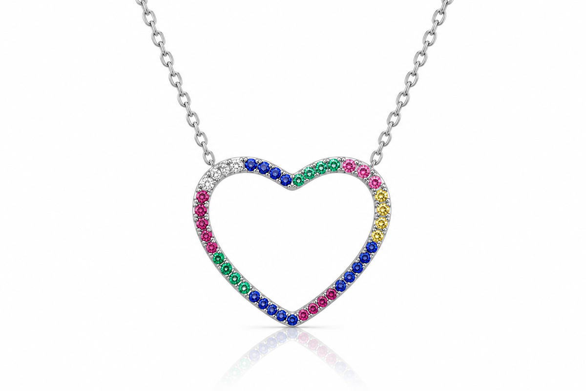 Rhodium-plated 925 sterling silver rainbow heart necklace