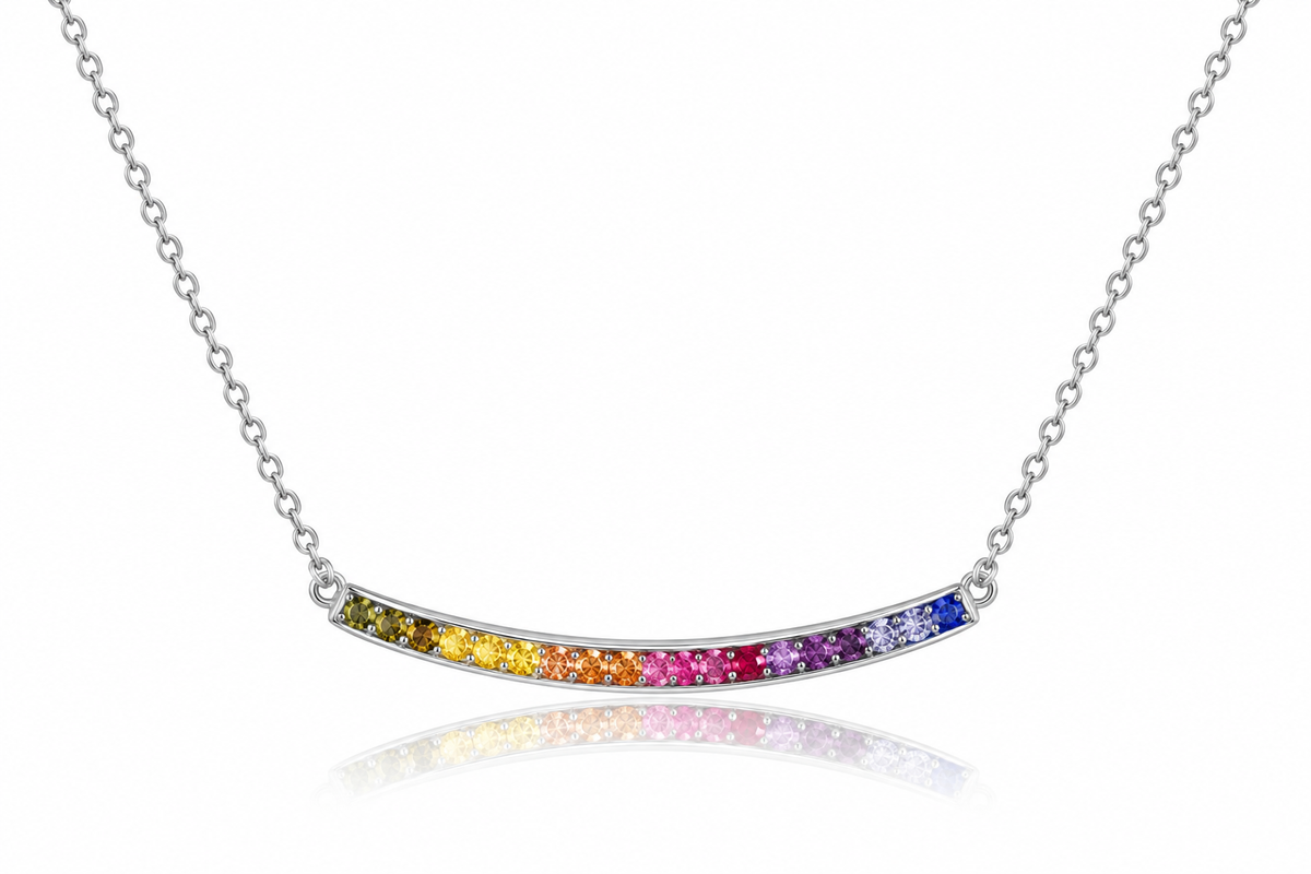 Rhodium-plated 925 sterling silver rainbow bar necklace